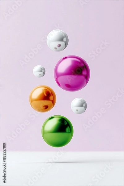 Fototapeta A collection of colorful spheres of different sizes floating in front of a pink background. The spheres are metallic and reflective.