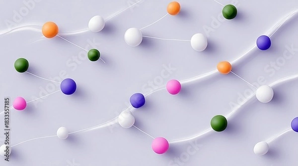 Fototapeta Abstract image of connected colorful spheres on a light purple background. The spheres are linked by white lines, creating a network or data flow.