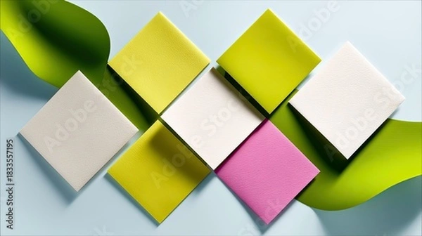Fototapeta A studio shot featuring an arrangement of colorful square papers with green leaves on a light blue background. The composition is abstract and visually appealin