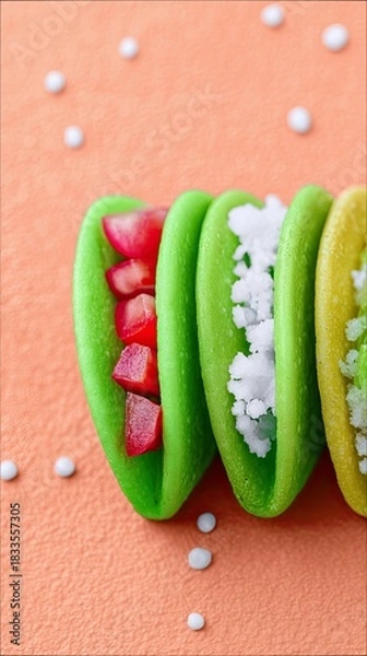 Fototapeta Close-up of colorful tacos with different fillings on an orange background. The tacos are green and yellow, and the fillings include red and white ingredients.