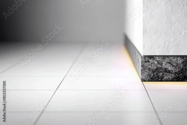Fototapeta Close-up of a white wall corner with a textured stone base and white tiled floor. Soft lighting creates an abstract effect.