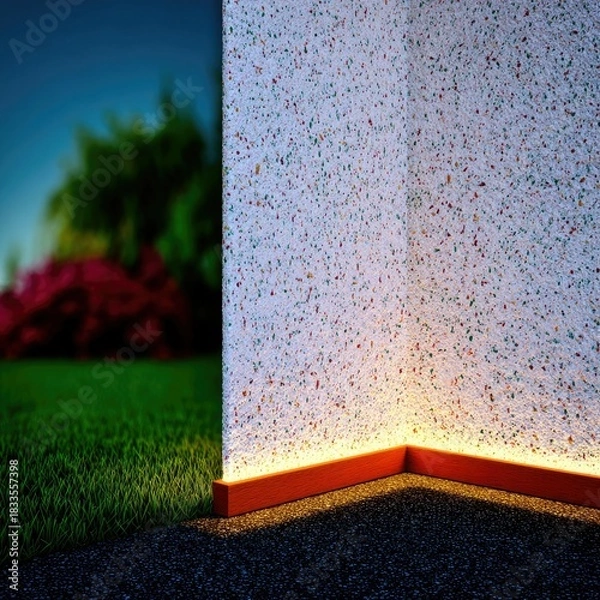 Fototapeta A corner wall with a textured surface, illuminated base, and blurred outdoor background with grass and trees.