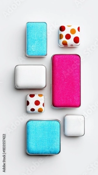 Fototapeta Overhead shot of various cosmetic eyeshadows in different colors and patterns, arranged on a white surface.