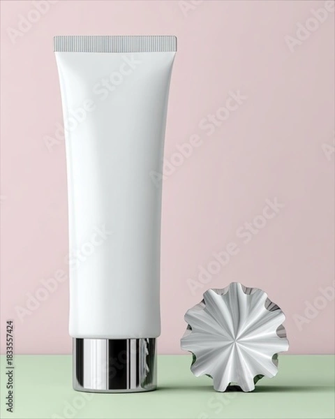 Fototapeta A white cosmetic tube and a silver abstract object are displayed against a pastel pink and green background. The image is clean and minimalist.