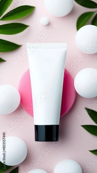 Fototapeta A white cosmetic tube is placed on a pink background, surrounded by white spheres and green leaves. The composition is viewed from above, creating a minimalist