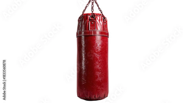 Fototapeta Red punching bag hanging, symbolizing boxing training, fitness workout, strength, and combat sports