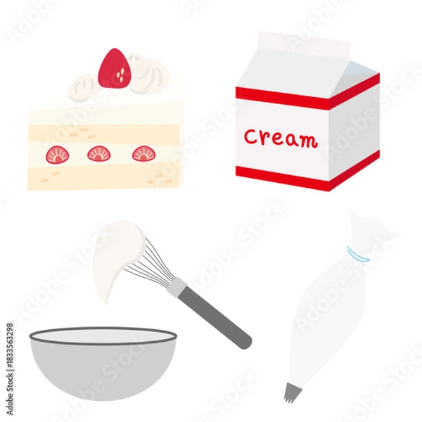Obraz スイーツ作りに使える製菓道具とショートケーキのイラスト素材セット