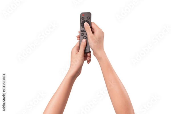 Fototapeta Hand holding remote control isolated on isolated on transparent PNG.	