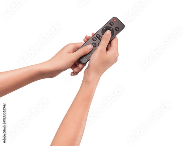 Fototapeta Hand holding remote control isolated on isolated on transparent PNG.	