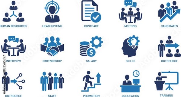 Fototapeta Business and human resources icon set showing recruitment, interview, contract, partnership, skills, staff management, training, promotion, outsourcing, corporate teamwork graphics