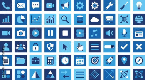 Fototapeta Business and technology icon set featuring communication, media, analytics, security, navigation, interface symbols, productivity tools, and digital management elementsBusiness