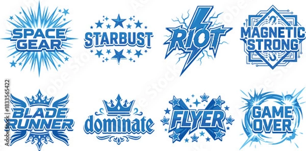 Fototapeta Bold blue graphic emblem collection featuring dynamic text logos, lightning effects, star elements, modern typography, energetic futuristic badge designs