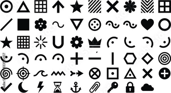 Fototapeta Black minimalist geometric icon collection featuring symbols, shapes, arrows, patterns, UI elements, decorative signs, abstract graphics, and modern design icons