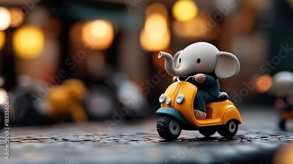 Fototapeta A cute elephant toy is riding a yellow scooter on a cobblestone street. The background is blurred with bokeh lights.