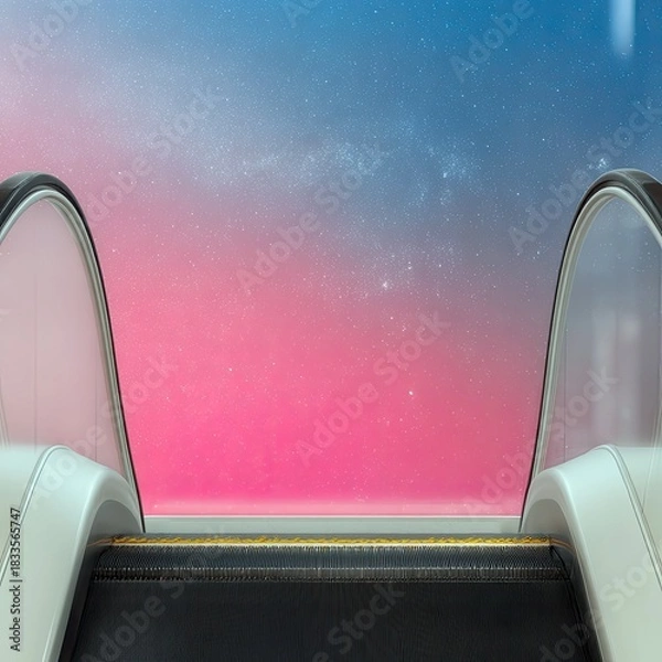 Fototapeta An escalator ascends towards a vibrant pink and blue starry sky, creating an abstract and conceptual image.