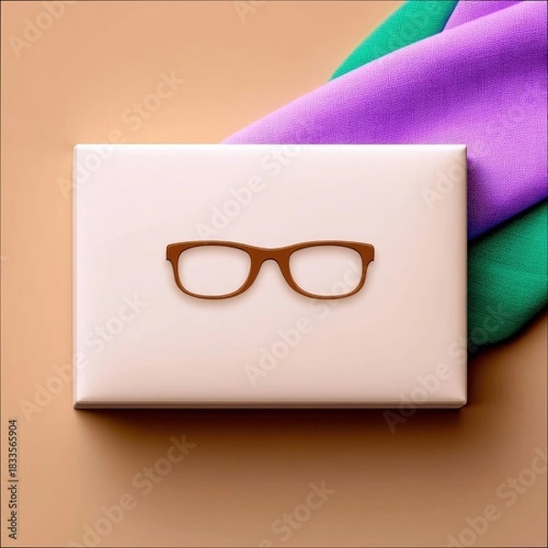 Fototapeta A pair of brown eyeglasses is placed on a white box, with purple and green fabric in the background. The image has a minimalist and modern aesthetic.