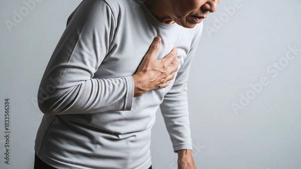 Fototapeta Senior adult holding their chest with one hand slight forward lean showing breathing difficulty medical style