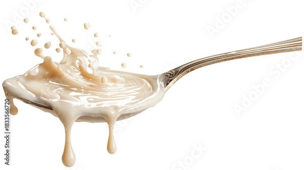 Obraz Condensed milk flowing down from spoon isolated on transparent white background.