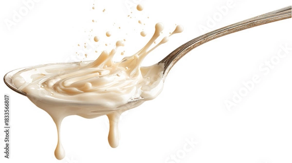 Obraz Condensed milk flowing down from spoon isolated on transparent white background.