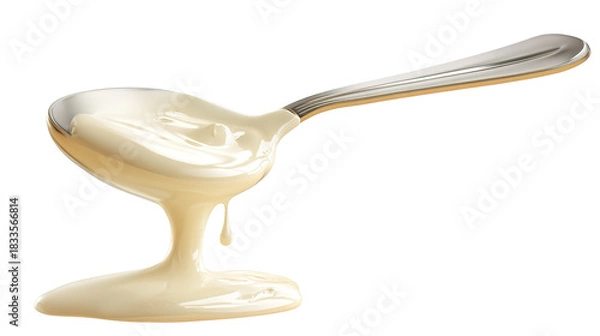Obraz Condensed milk flowing down from spoon isolated on transparent white background.