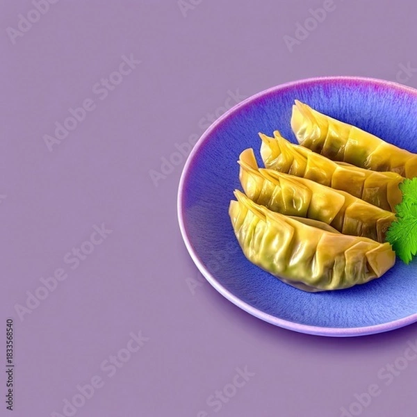 Fototapeta Close-up of dumplings on a blue plate with a purple background. Fresh herbs are also visible. Food photography.