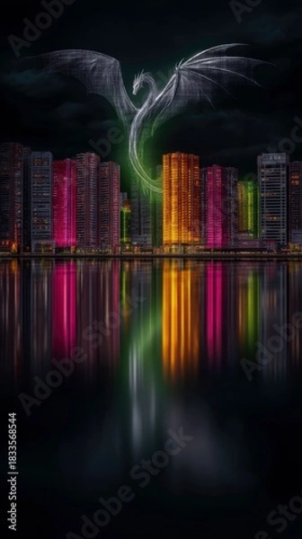 Fototapeta A digital illustration of a dragon flying over a colorful city skyline at night, with reflections in the water below.