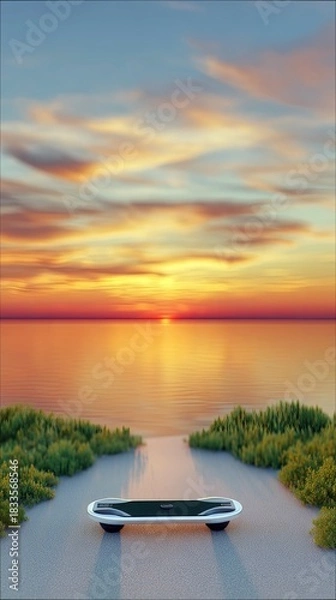 Fototapeta An electric skateboard is resting on a road leading towards a body of water at sunset. The sky is filled with vibrant colors.