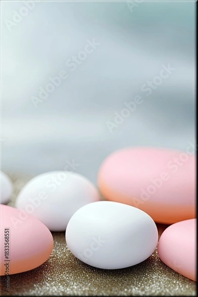 Fototapeta Close-up of pastel colored eggs on a glittery surface, soft lighting.