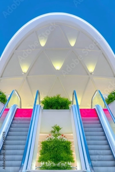 Fototapeta View of two escalators with greenery in a modern architectural setting, illuminated by warm lighting.