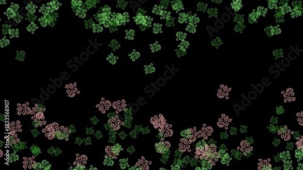 Obraz Abstract Green and Pinkish brown Leaf Clusters on Black Background with copy space.