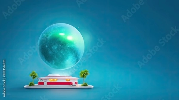 Fototapeta A surreal image featuring a modern house with a floating orb above it, set against a blue background.