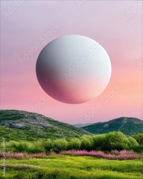 Fototapeta A large white sphere floats above a green landscape with hills and a colorful sunset sky.