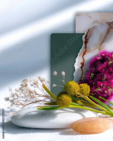 Fototapeta A still life composition featuring flowers, rocks, and cards, bathed in natural light, creating a serene and artistic aesthetic.