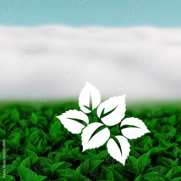 Fototapeta Illustration of a white leaf design over a green field with a blue sky background.