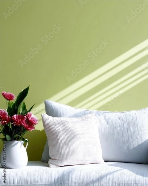Fototapeta A white couch with pillows and a vase of pink flowers, with sunlight streaming across a green wall.