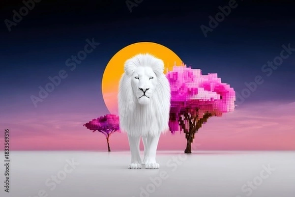 Fototapeta A majestic white lion stands proudly against a vibrant sunset, with pixelated trees adding a unique artistic touch to the scene.