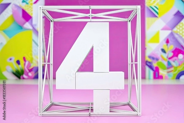 Fototapeta A white number 4 is encased in a metal frame, set against a pink backdrop with colorful abstract art.