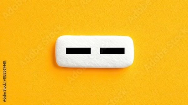 Fototapeta A white rectangular object with two black rectangles on a textured yellow background. Minimalist and abstract composition.