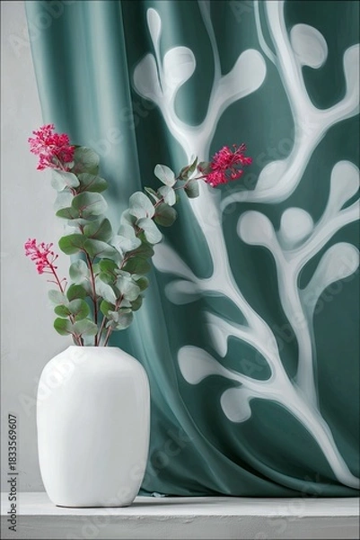 Fototapeta A white vase holds a floral arrangement with pink flowers and green leaves, set against a teal curtain with a white abstract design. The scene is bathed in soft