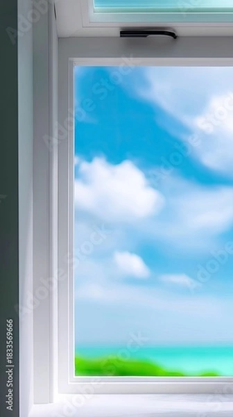Fototapeta A white window frames a view of a bright blue sky with fluffy white clouds, and a blurred view of the ocean and green vegetation.
