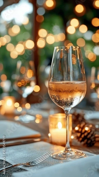 Fototapeta A close-up shot of a wine glass on a table, with a lit candle and bokeh lights in the background. The scene evokes a romantic and intimate atmosphere.