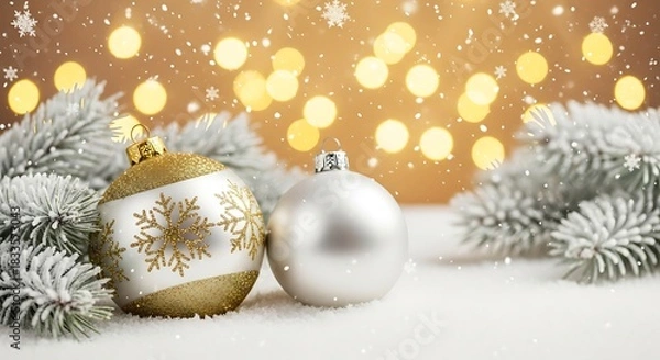 Fototapeta A serene winter Christmas scene featuring two elegant Christmas baubles—one adorned with glittery gold snowflake patterns and the other in smooth metallic white—resting gently on soft snow.