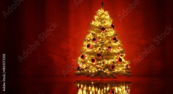 Fototapeta A glowing Christmas tree decorated with warm golden lights and subtle red ornaments stands against a rich, deep red backdrop, creating a luxurious festive atmosphere