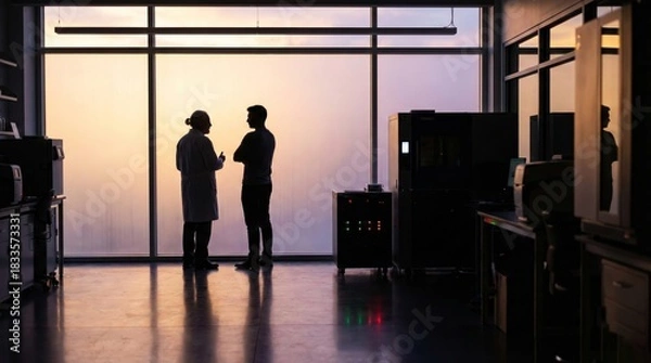 Fototapeta Two scientists discussing in silhouette by large laboratory window.