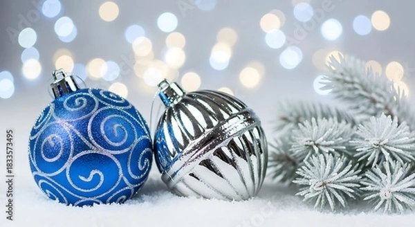 Fototapeta Two ornaments in shimmering royal blue and metallic silver rest atop powdery snow beside icy pine branches.