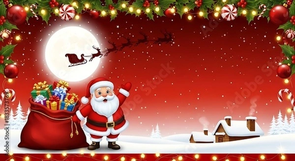 Fototapeta A festive Christmas landscape banner featuring Santa Claus cheerfully waving while standing beside a large sack filled with colorful wrapped gifts.