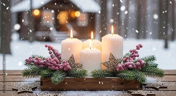 Fototapeta Four candles dusted with faux snow, placed on a rustic wooden tray decorated with pine branches, frosted red berries, and tiny wooden star ornaments, background featuring a snowy winter cabin