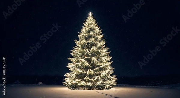 Fototapeta A snow-covered Christmas tree illuminated with warm white lights stands in a soft moonlit outdoor setting, with a dark starry sky and snowy ground adding a magical, peaceful winter atmosphere