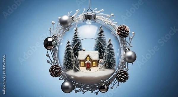 Fototapeta A glass dome ornament filled with a snowy village scene featuring a tiny cottage with glowing windows