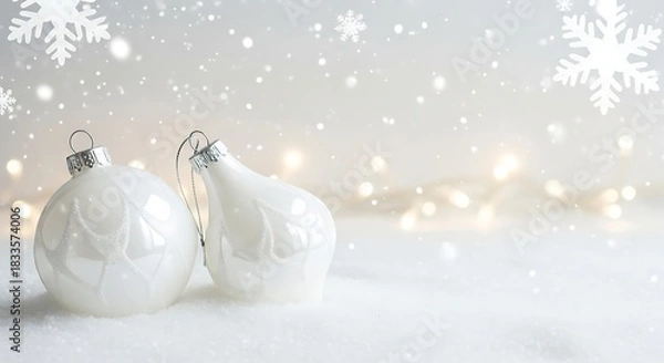 Fototapeta Two snow-white ornaments featuring frosted transparent accents sit peacefully on untouched sparkling snow.